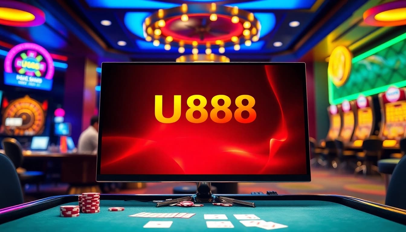 Plataforma de jogos online U888 em um ambiente de cassino elegante com jogos vibrantes.
