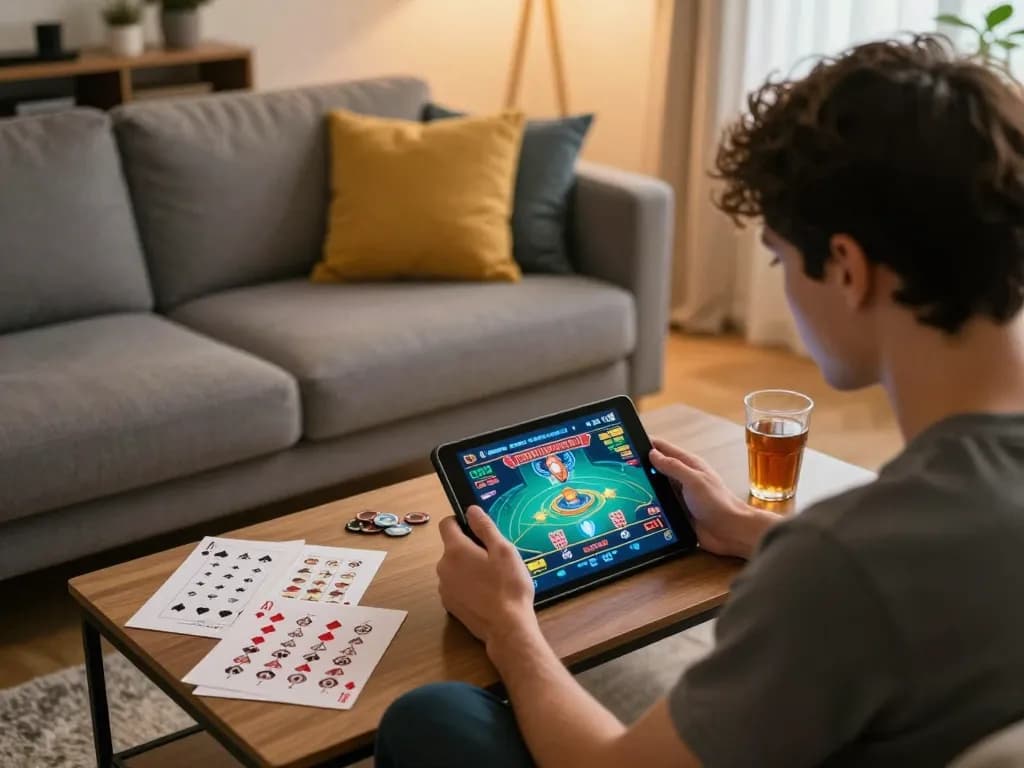 Manclub player engaging in online casino gaming on tablet in a cozy home setting