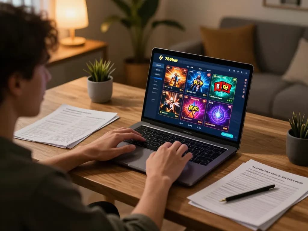 Players engaging in immersive online gaming experience on 789bet from home office, with vibrant interface and strategic notes