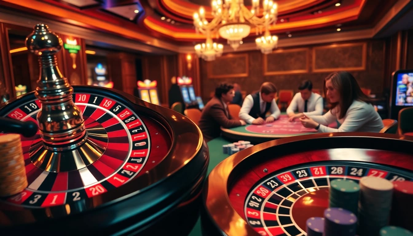 A vibrant casino scene showcasing players enjoying games like poker and roulette at 98win.com, highlighting the thrill of online gambling.