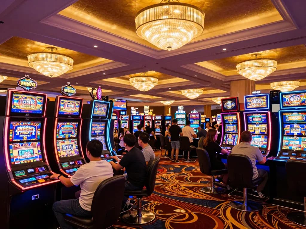 Players enjoying vibrant slot machines at WIN79 casino amid an exciting atmosphere.