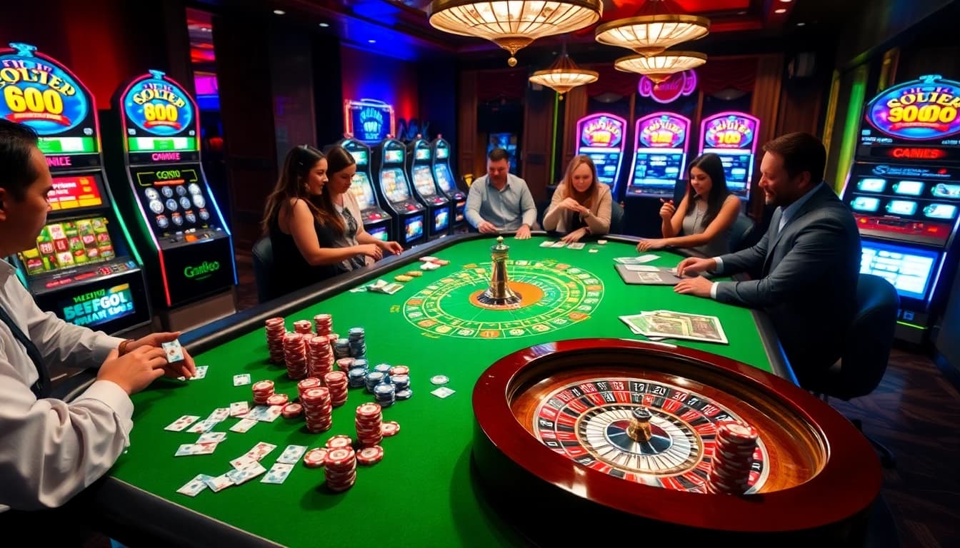 A lively gaming atmosphere at Cổng Game GO88 featuring players engaging with casino tables and colorful slot machines.