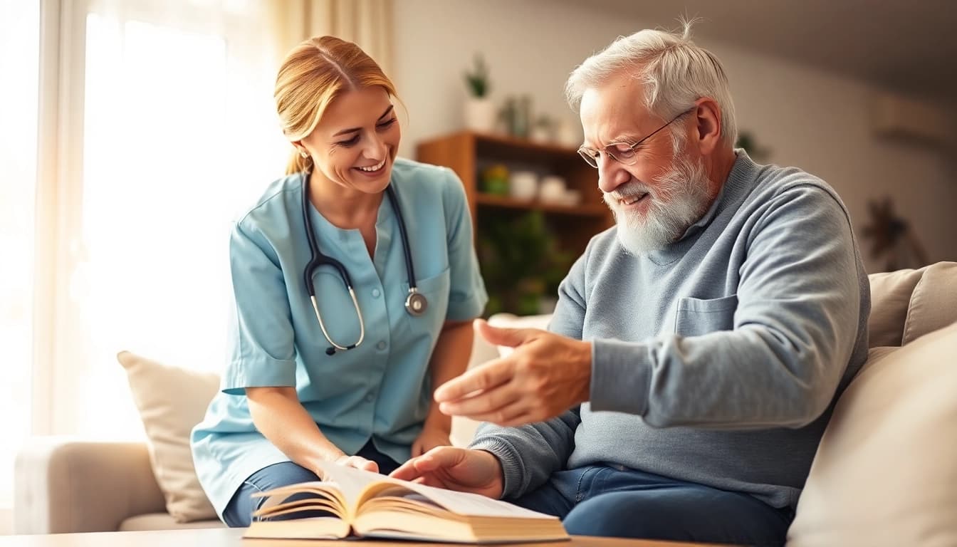 Offering in home health care services near me, a caregiver supports an elderly person in a warm living room.
