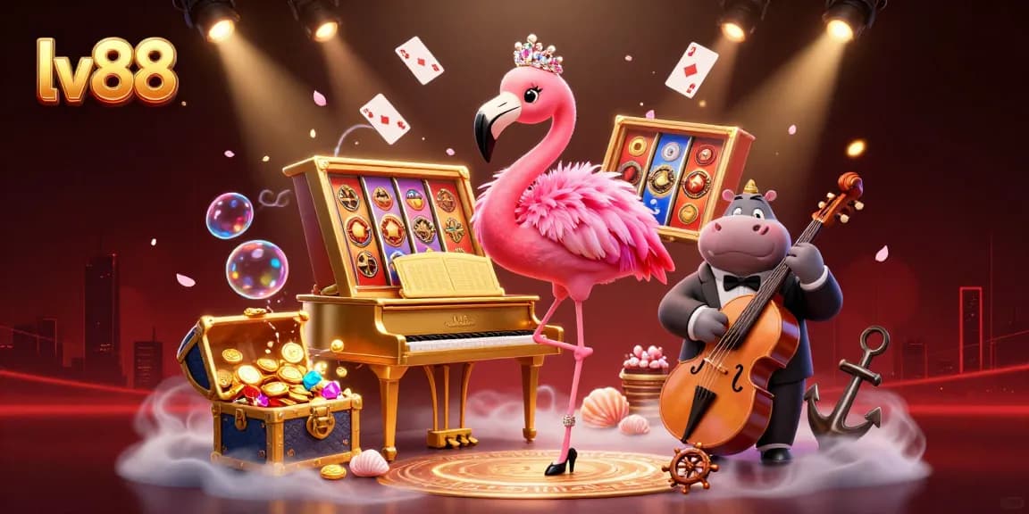 Experience the excitement of lv88 gaming with a vibrant 3D scene featuring flamingo singer and hippo bassist.