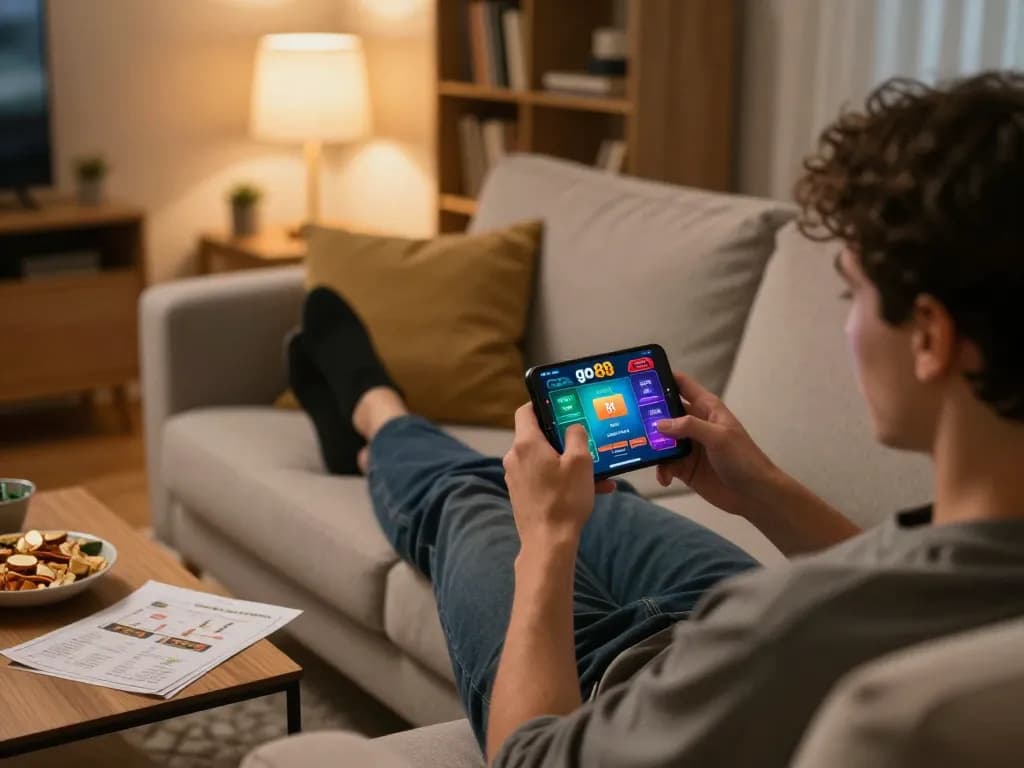 Player enjoying a go 88 online gaming app on smartphone in a cozy living room