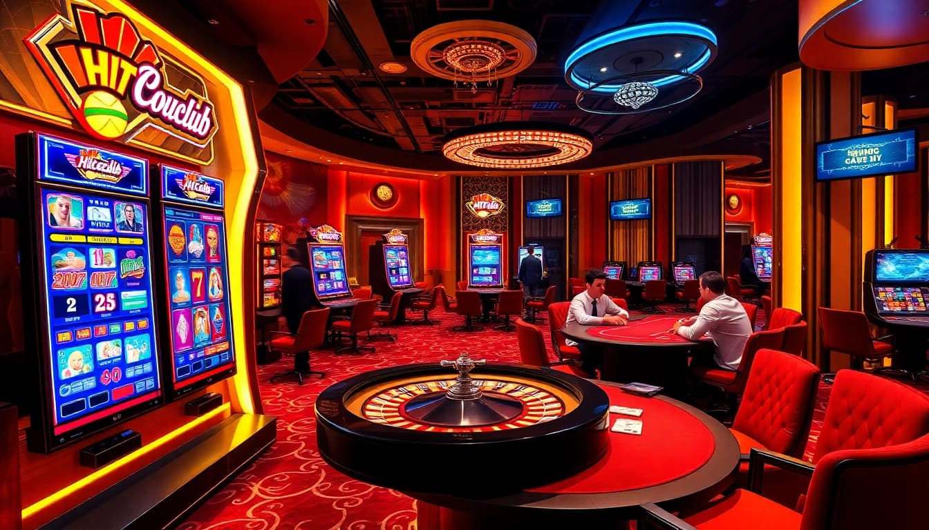 Cổng game Hitclub interface with vibrant slot machines and poker gameplay in a luxurious casino setting.