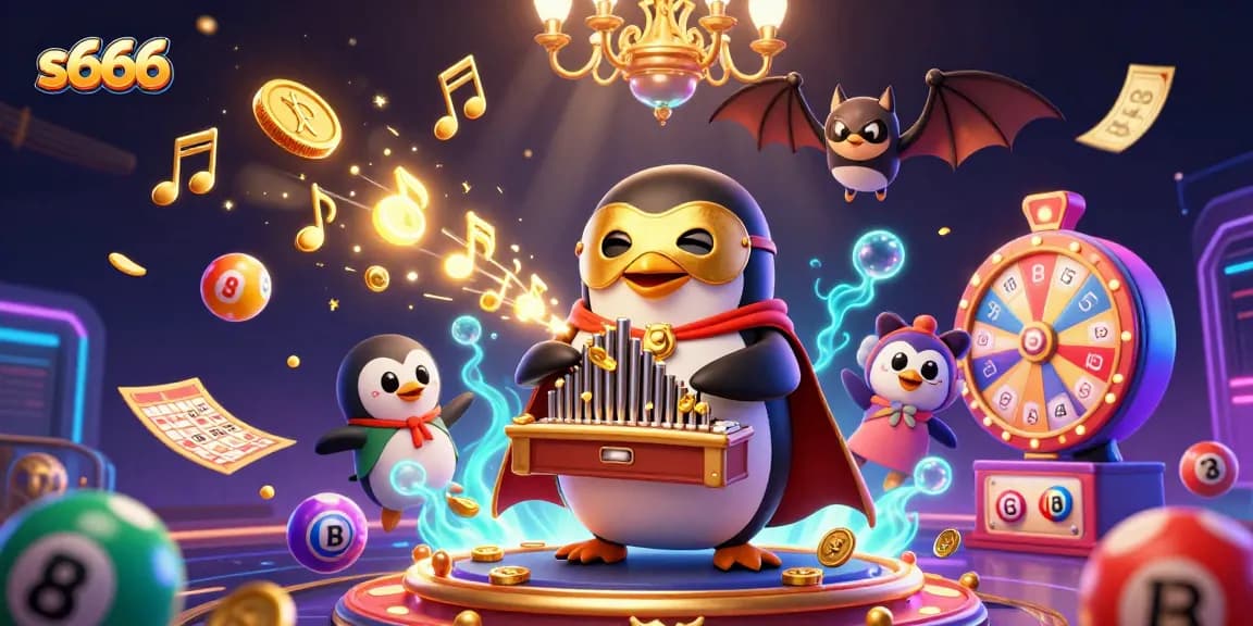 s666 players enjoy a vibrant casino atmosphere with animated gold coins, lottery balls, and games.