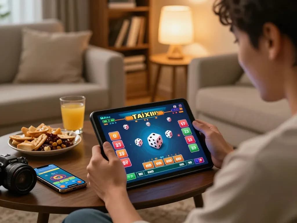 Player enjoying Tai Xiu online gaming strategy on tablet in cozy home atmosphere