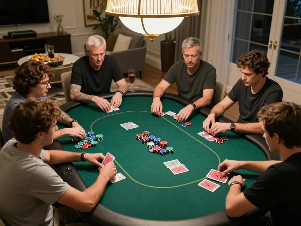 Players engaged in a strategic Texas Hold'em game at home, showcasing the excitement of MB66