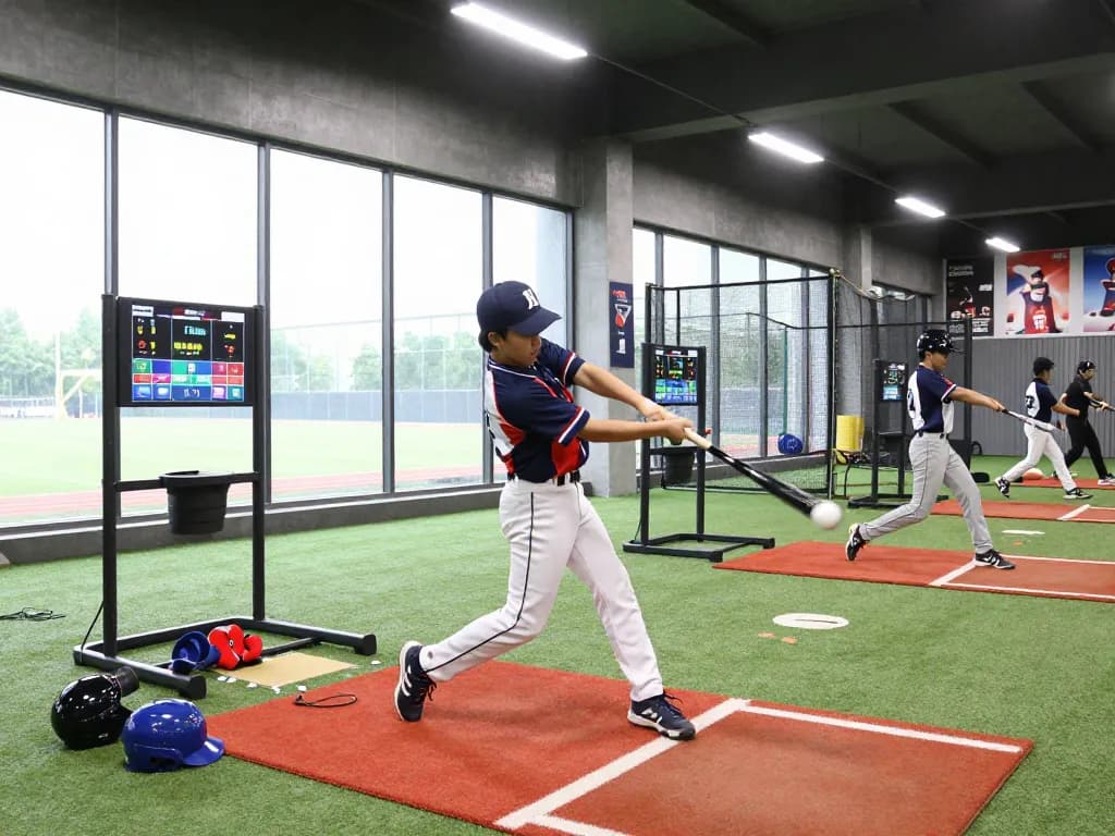 A young athlete training at HitClub batting cage, showcasing determination and precision in baseball practice.