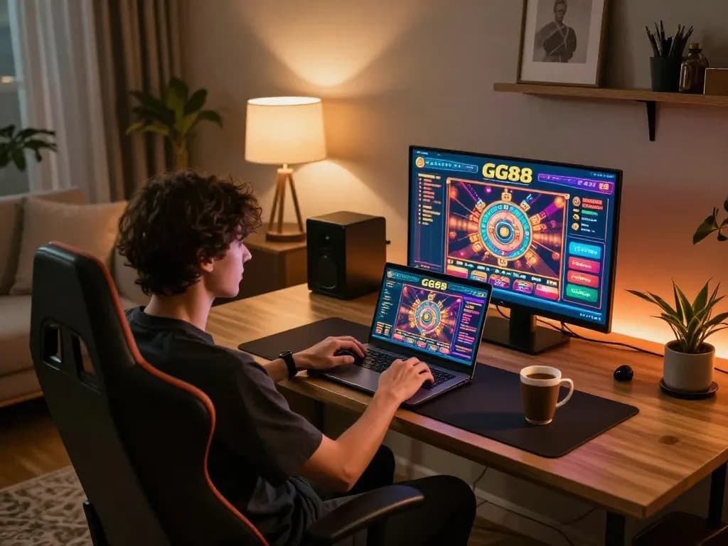 Engage in thrilling online gambling with GG88 on a cozy gaming setup featuring a laptop.
