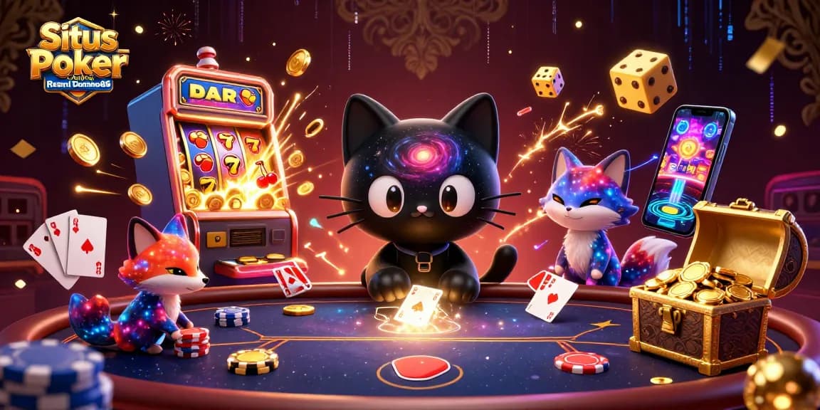 Situs Poker Online Resmi Domino88 features a cosmic poker scene with vibrant characters and gambling elements.