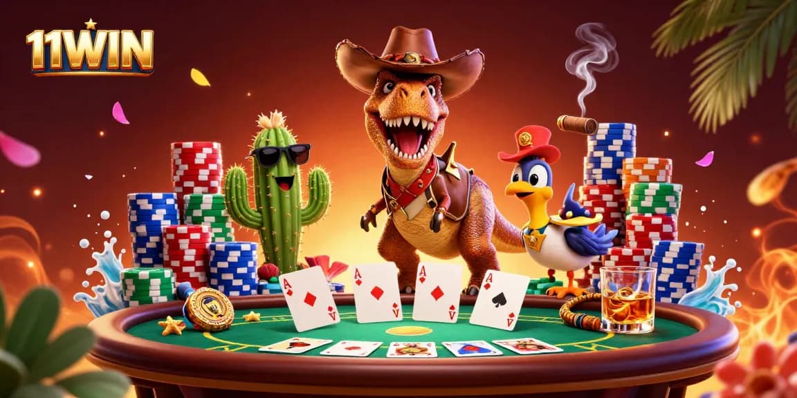 Engage with 11WIN while enjoying a lively poker scene featuring a T-Rex and vibrant casino elements.