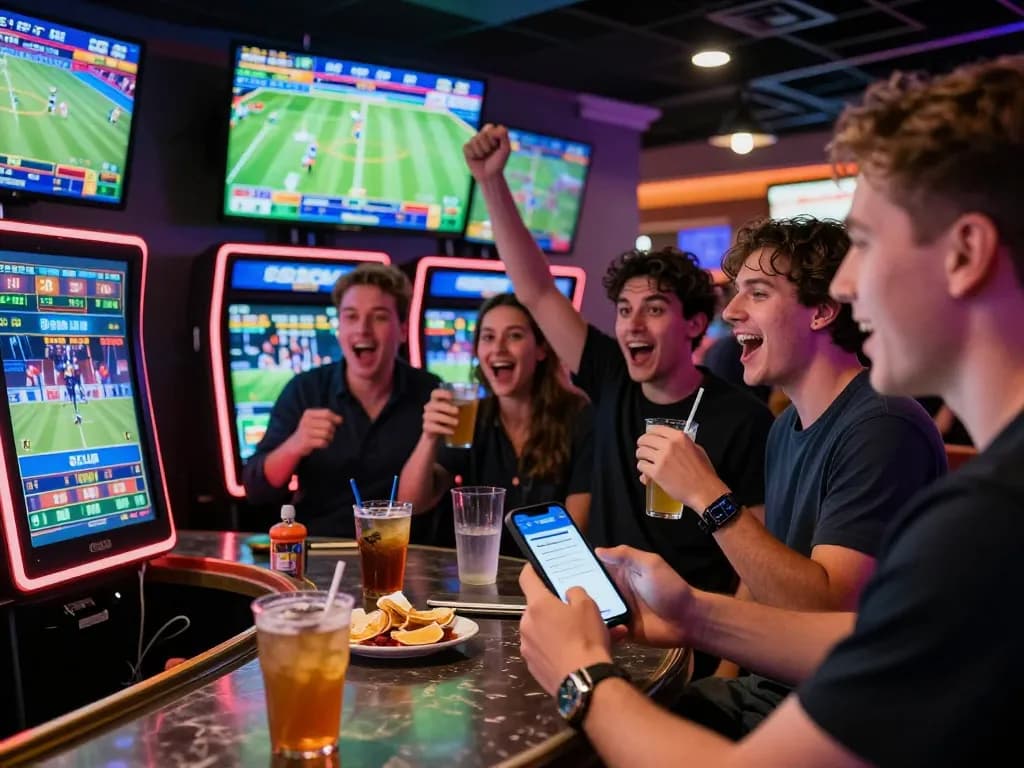 Betting excitement at 88CLUB, with friends using mobile betting apps in a lively sports lounge.