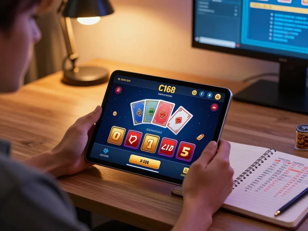Engaging with the C168 online casino app in a cozy home office, demonstrating interactive gaming activities