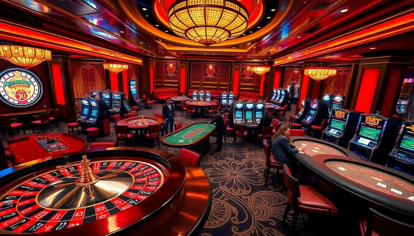 Experience the thrill of RR888 with vibrant casino tables and sparkling slot machines in a luxurious setting.