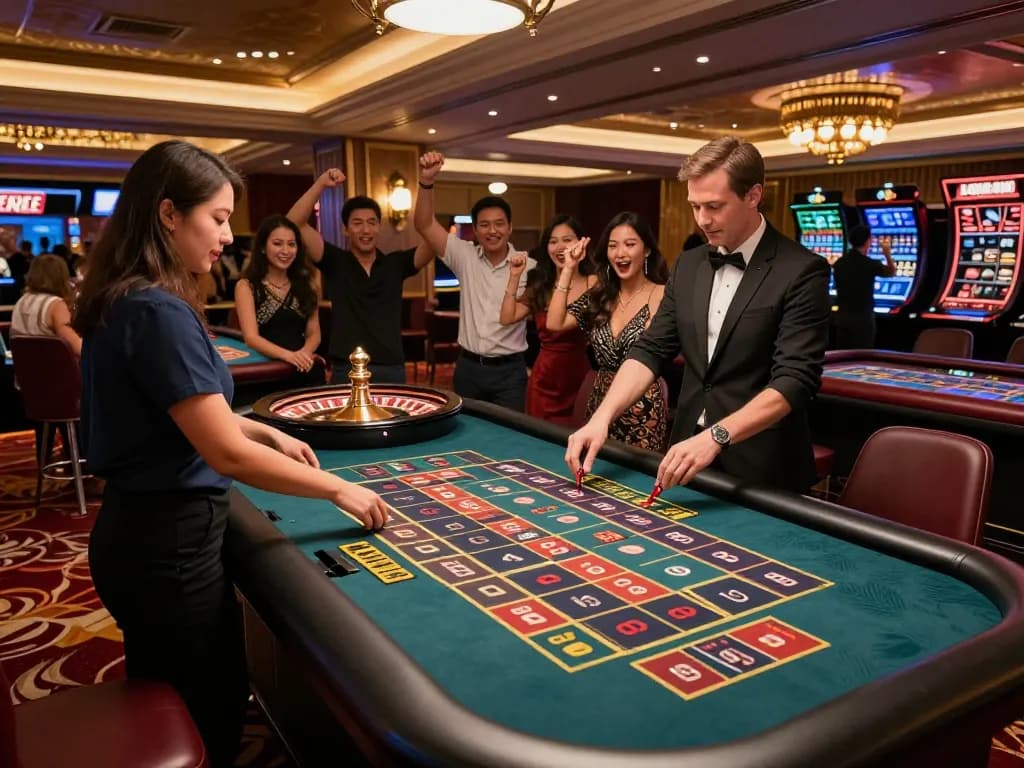 Experience the excitement at Trang chủ F8bet with players engaging at a luxurious roulette table.