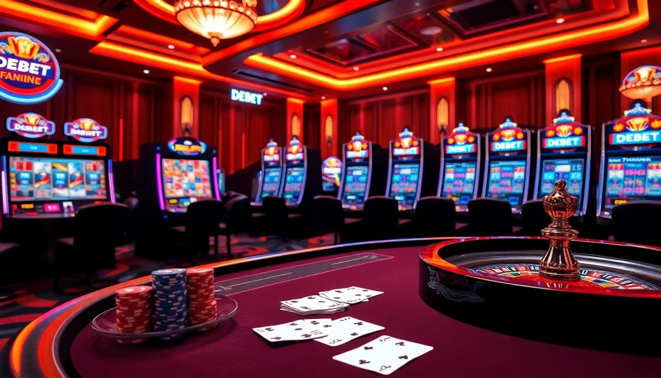 A luxurious gaming scene with casino tables, showcasing Trang Chủ DEBET atmosphere and excitement for gamblers.