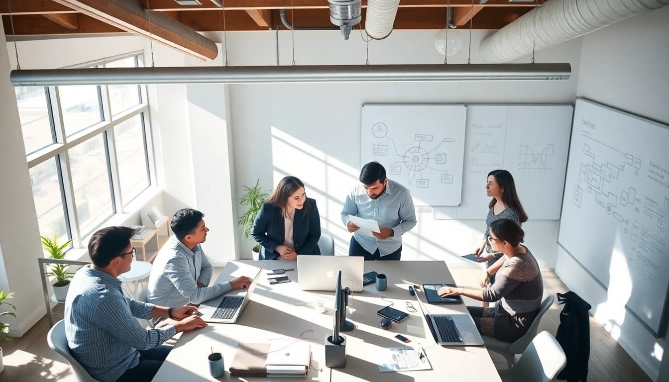 Dynamic collaboration among an AI integration service provider team in a modern office.