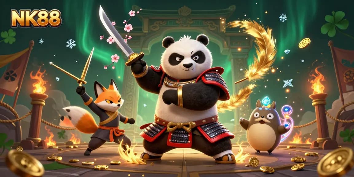Experience the dynamic energy of NK88 with a samurai panda and ninja fox in a thrilling gambling scene.