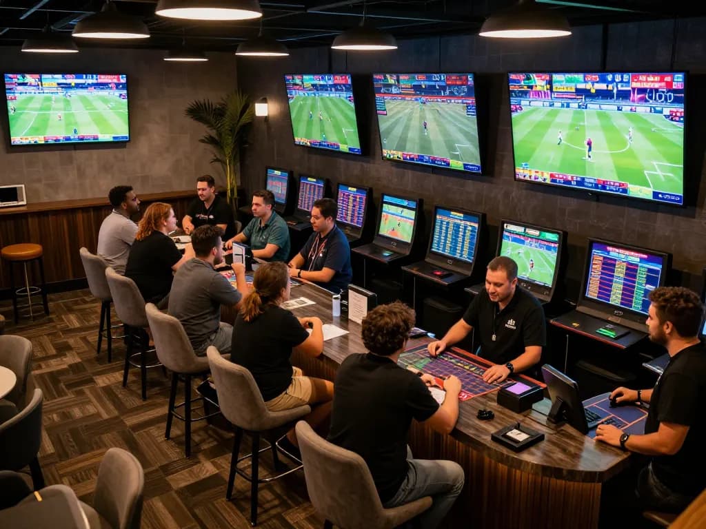 Excited players engaged in a sports betting lounge while they tải tg88 for mobile gaming access.