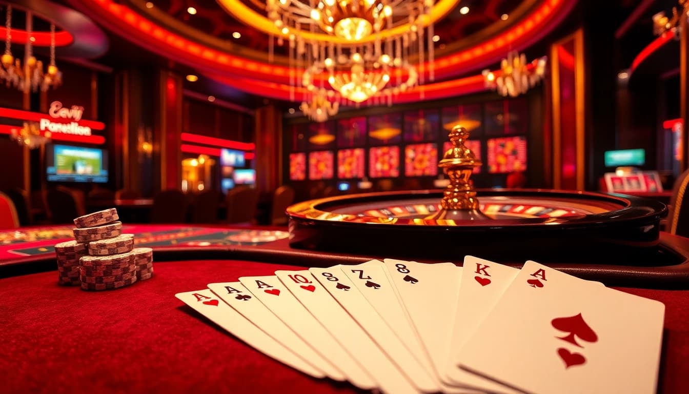 Experience luxury gambling with Nhà Cái 68VIP Có Uy Tín, showcasing roulette and elegant cards in a vibrant casino ambiance.
