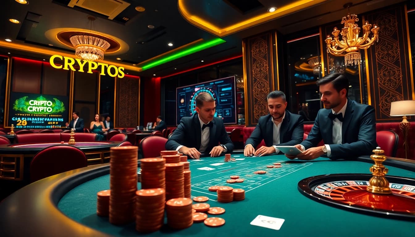 Players engaging with crypto online casinos, featuring luxurious poker tables and digital currency displays.