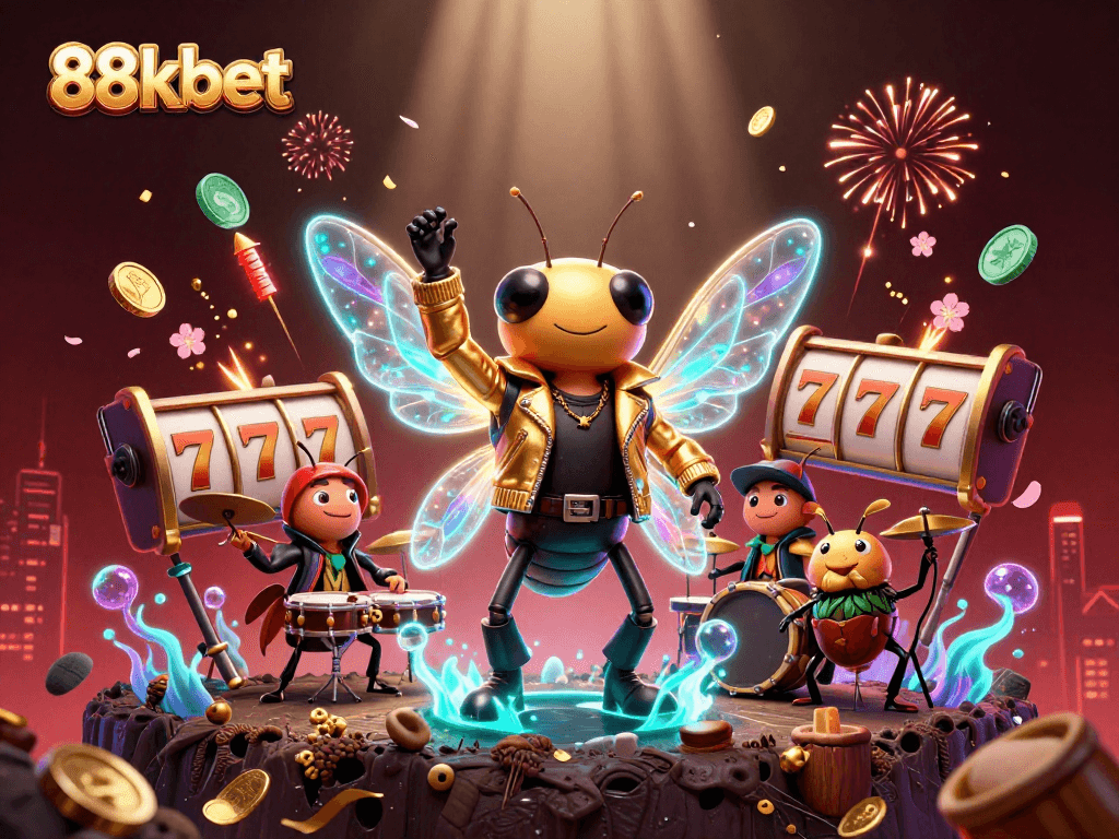 Engage with 88kbet in an ultra-detailed casino scene featuring a vibrant rock star and dynamic game elements.