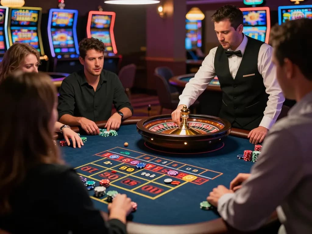 FC88 players placing bets at a vibrant roulette table with colorful chips and an engaged crowd.