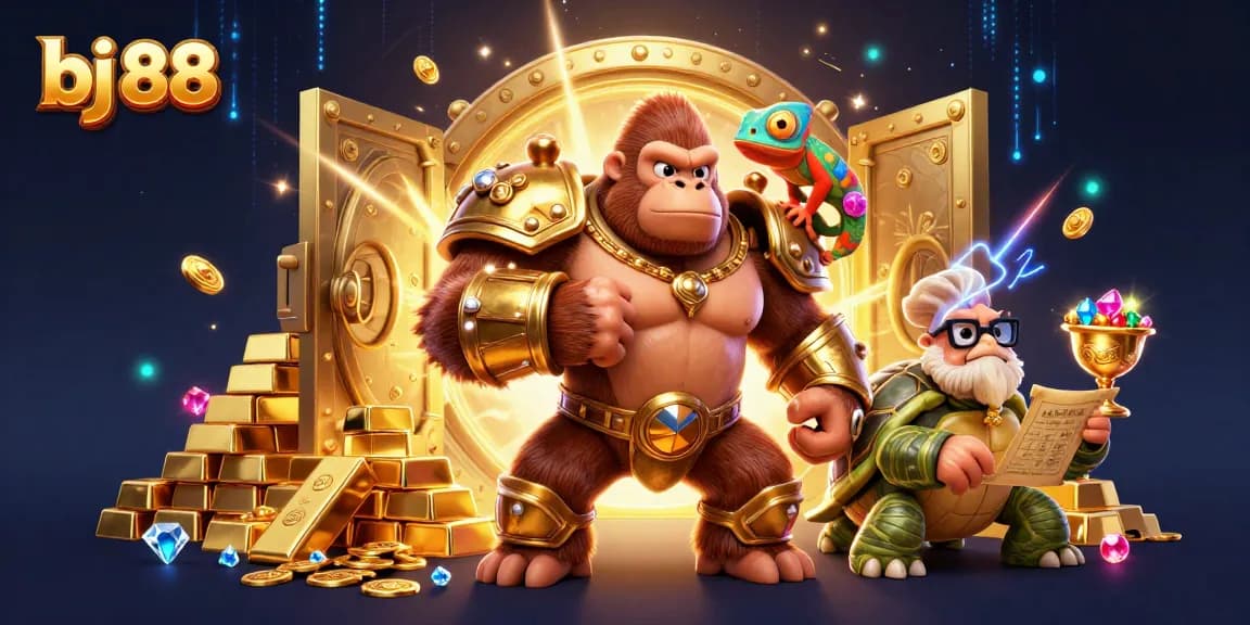 Experience thrilling gaming action with bj 88, featuring animated characters and opulent treasures in a rich casino setting.