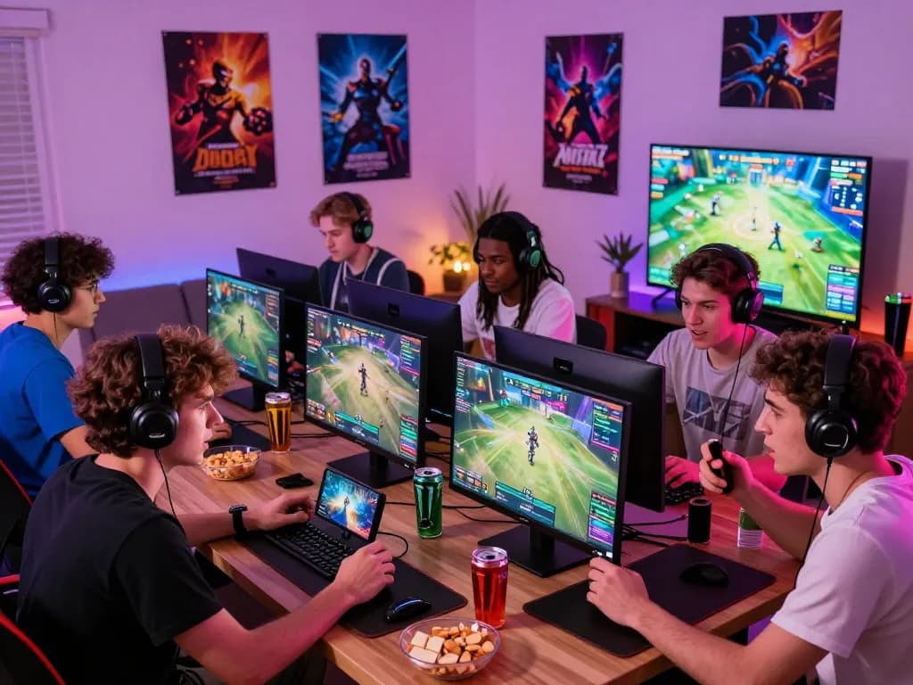 Exciting online gaming scene with friends enjoying go99 on multiple devices, showcasing vibrant atmosphere and gaming culture.