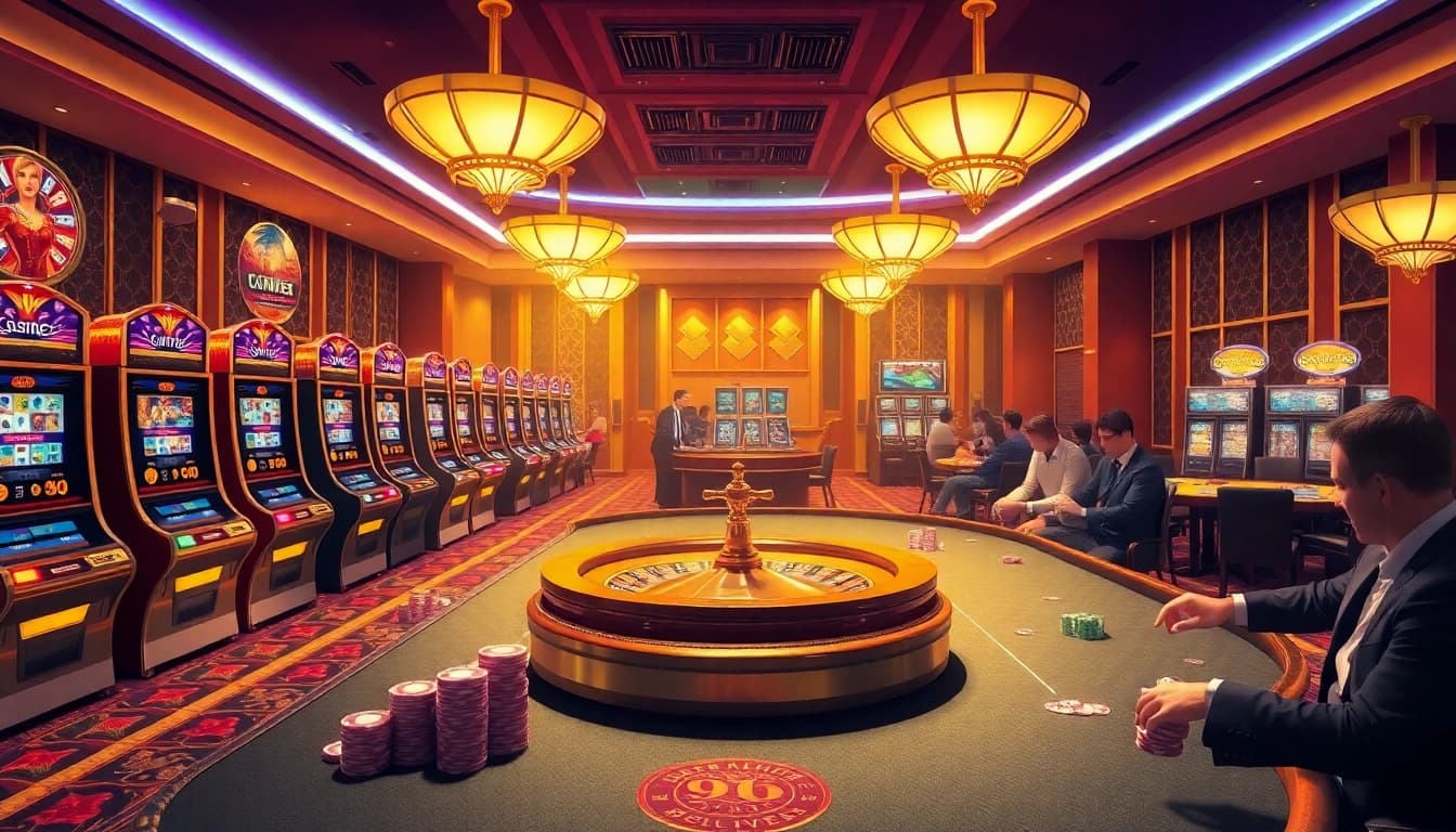 Players enjoying engaging games at 98Win's luxurious casino with vibrant slot machines and poker tables.