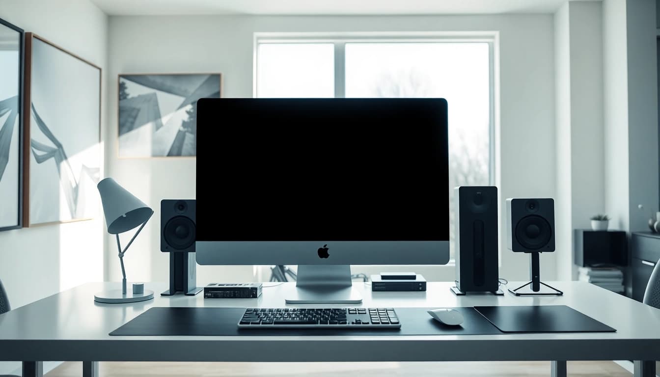 Utiliza una Computadora Mac Pro en un espacio de trabajo moderno y elegante.