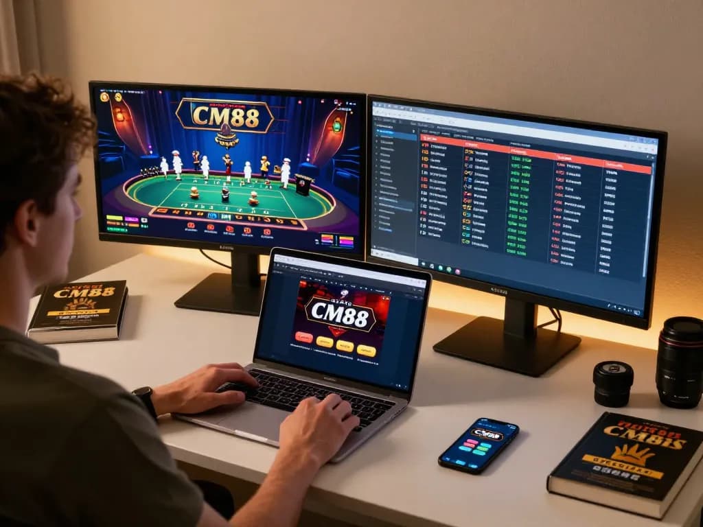 Player engaging with CM88 casino app on dual monitors, showcasing online gambling strategy