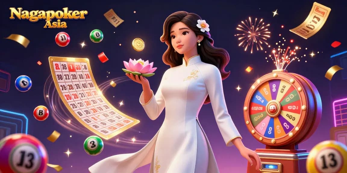 Nagapoker Asia features a graceful Asian woman in ao dai amidst vibrant lottery elements and festive effects.
