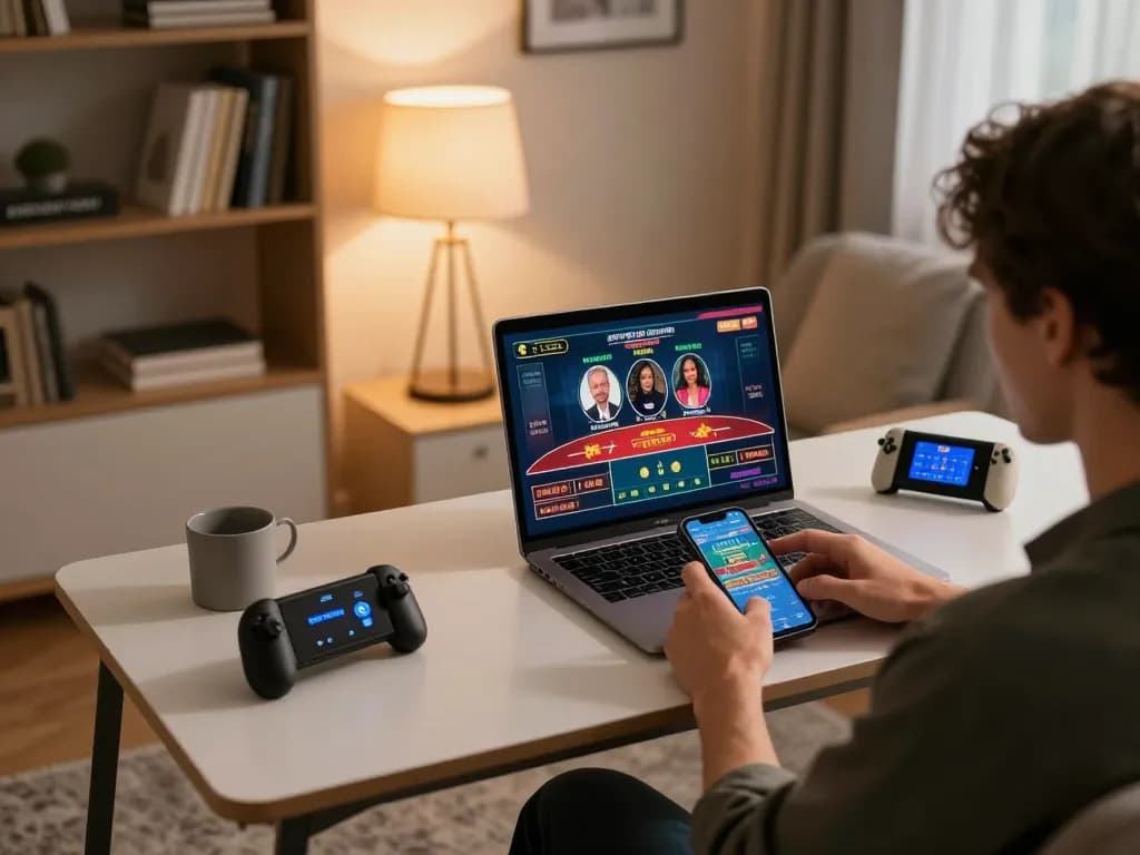 Engaged player at Trang chủ Luckywin balancing online gaming and strategy in a stylish home setup.