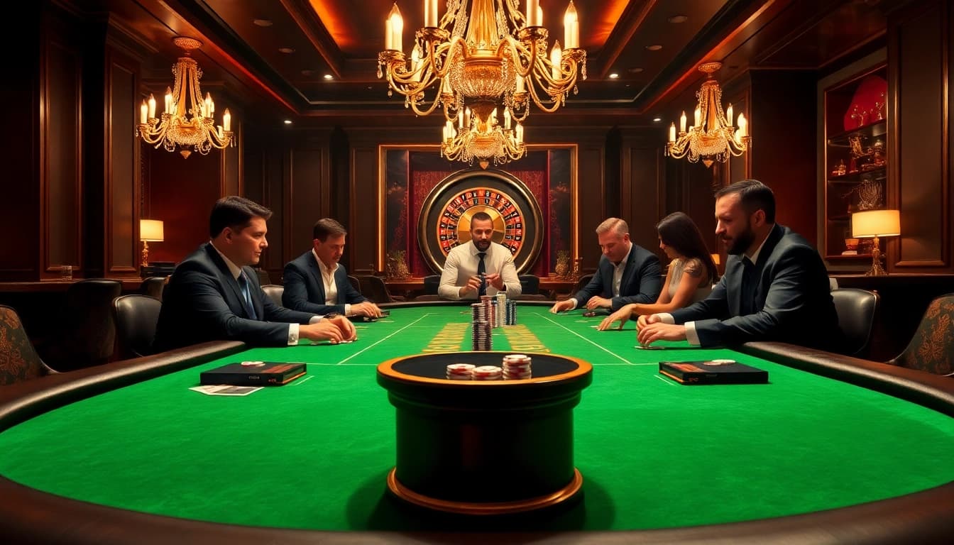 Players enjoying a high-stakes poker game at SV 388 casino, showcasing excitement and professionalism.