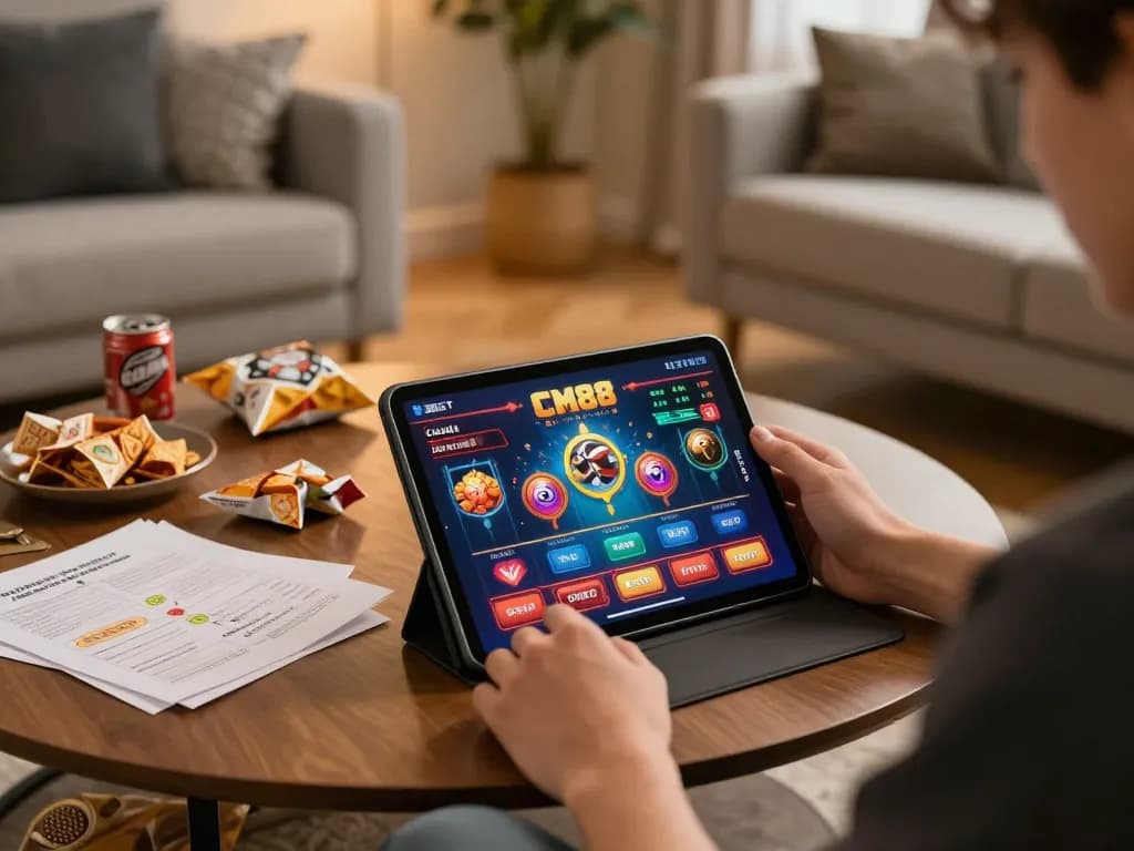 Player enjoying the CM88 online casino gaming experience on a tablet in a cozy living room.