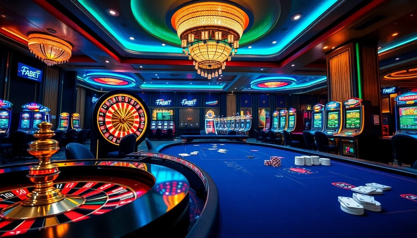 Experience the thrill of gambling at fabet with vibrant casino tables and roulette wheels.
