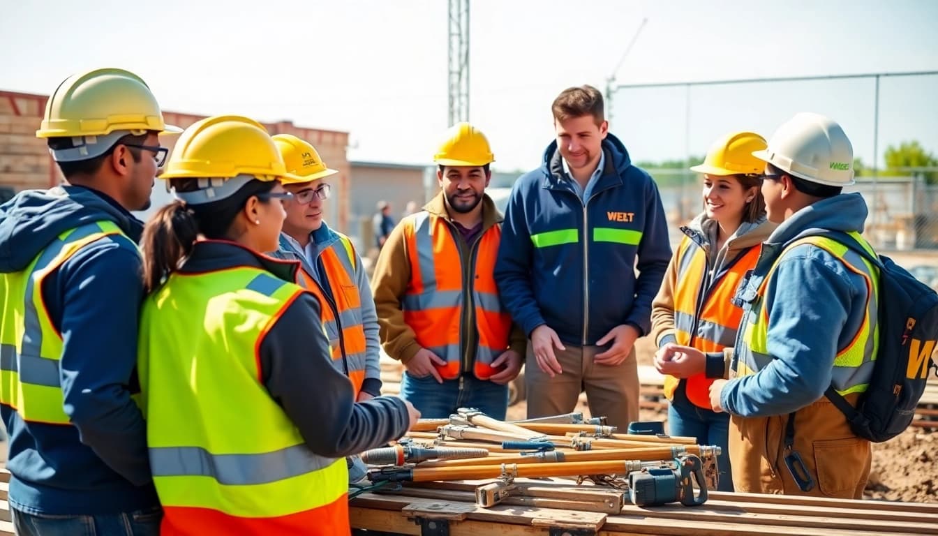 Engaged trainees in construction workforce training using tools outdoors, showcasing hands-on learning.