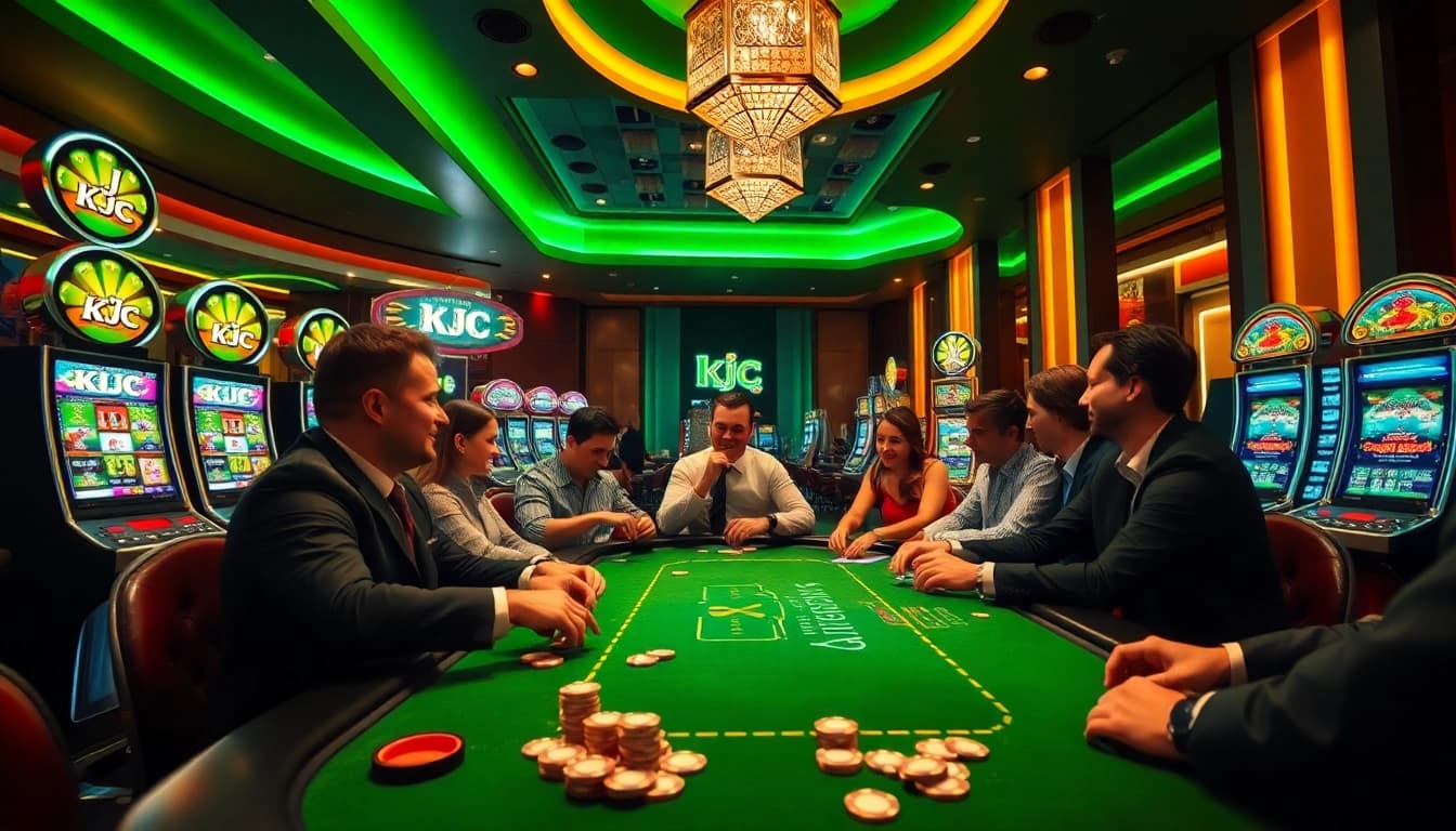 KJC casino players celebrating a win at a luxurious poker table with vibrant slot machines in the background.