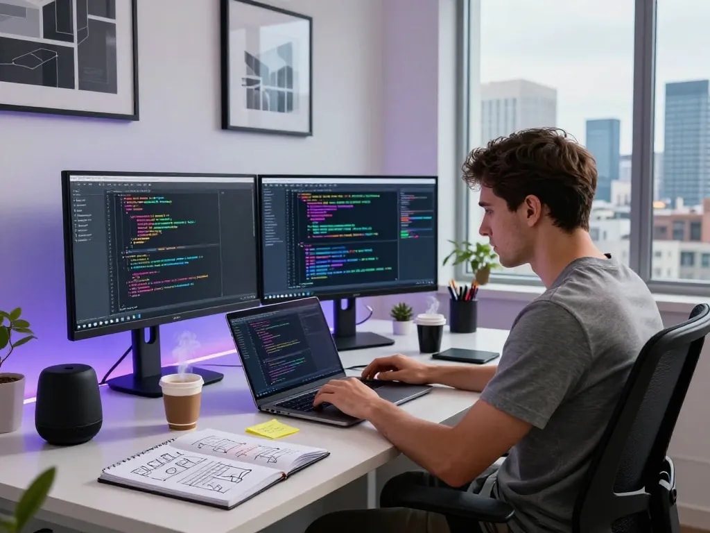 Developer coding with WPS Office software in a modern workspace.
