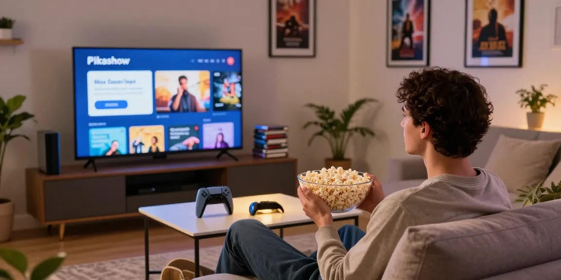 Enjoying movie night with Pikashow app streaming on smart TV in a cozy living room.