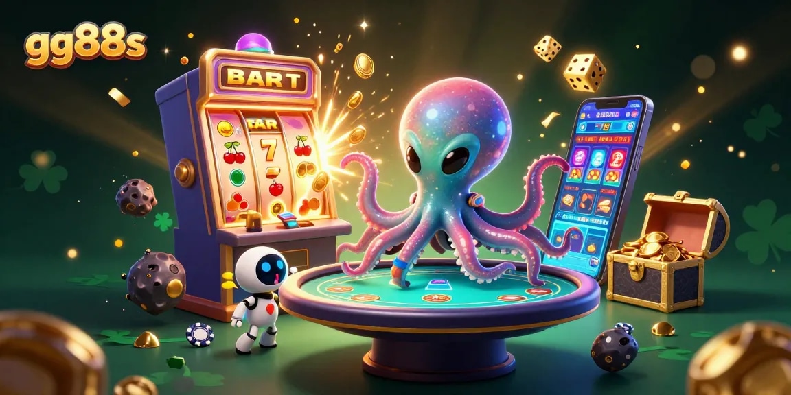 Experience exciting game action at gg88s with an alien octopus at a holographic poker table, amidst colorful casino elements.