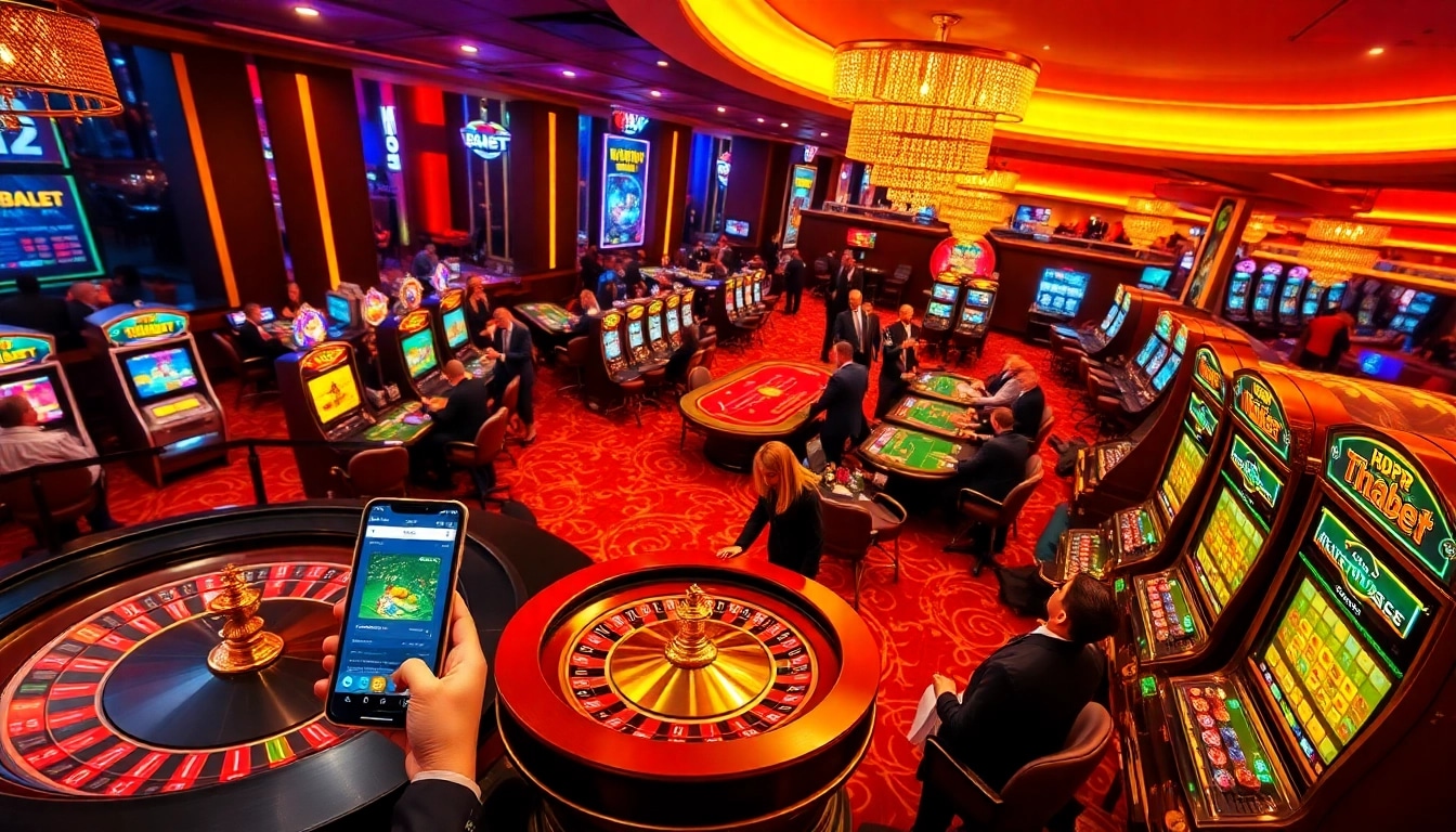 Experience the thrill of gambling at thabet's luxurious casino with vibrant games and joyful players.