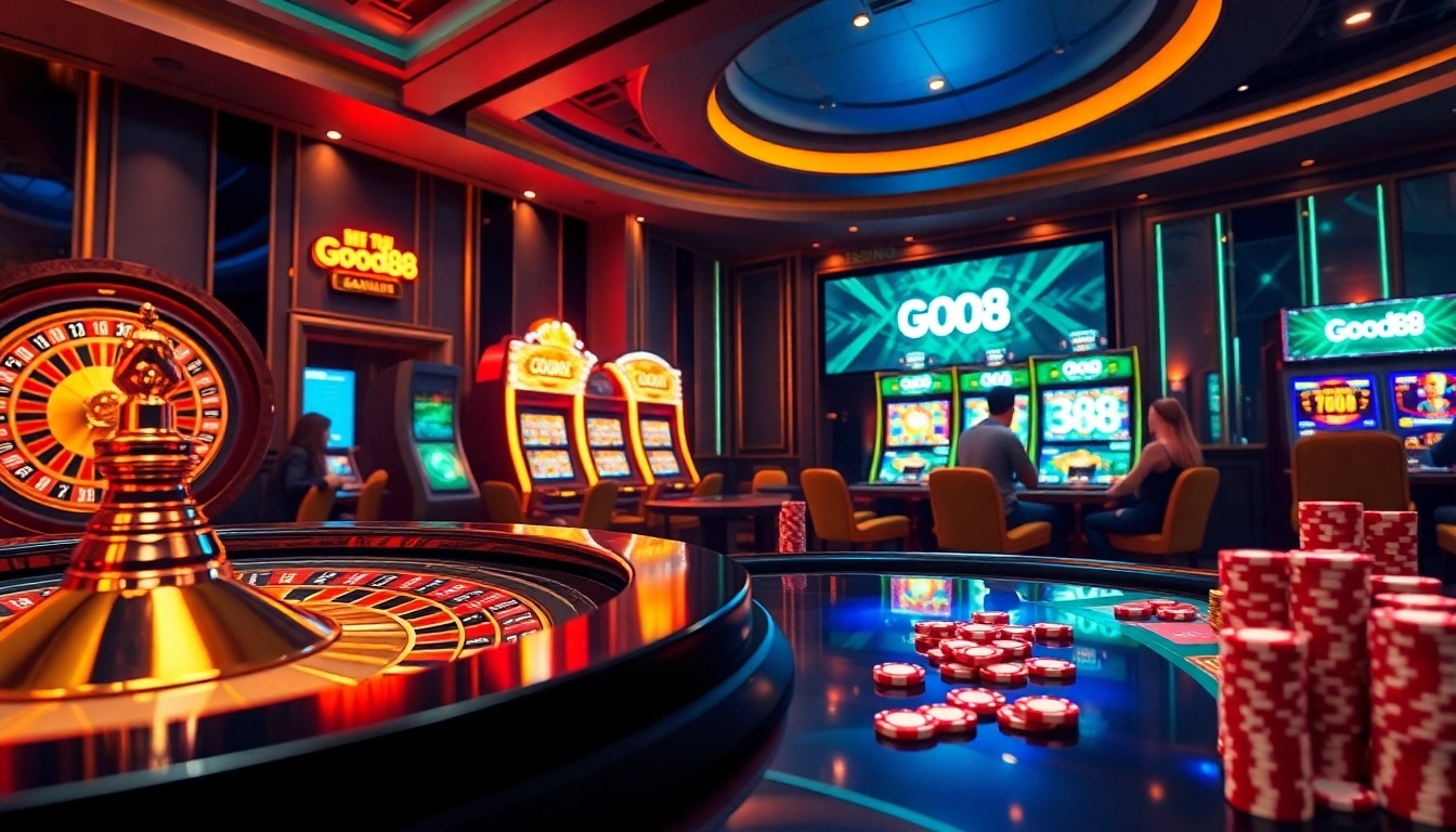 Engaging players at Good88 casino, showcasing roulette, poker chips, and vibrant slot machines.