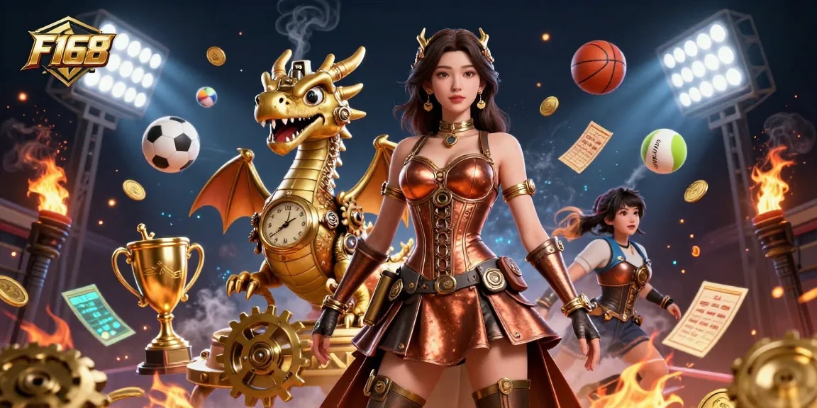 Experience winning moments with F168 in a stunning 3D casino illustration depicting sports betting excitement