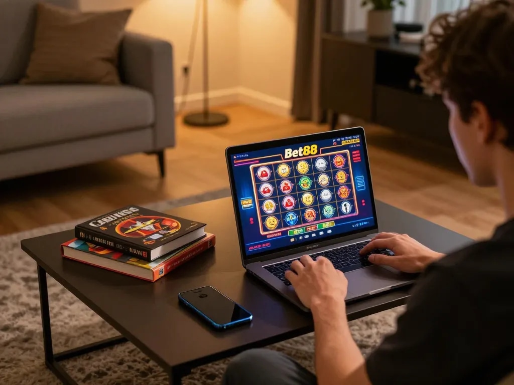 Player enjoying Bet88 online casino games on a laptop in a cozy home setup.