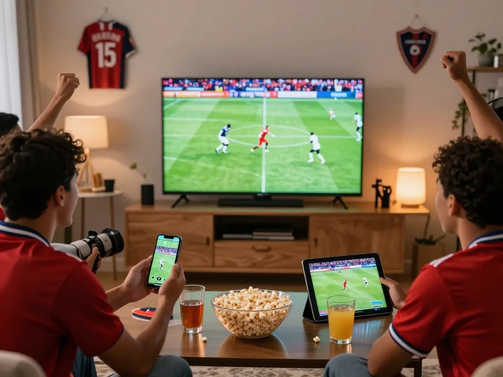 Các fan hâm mộ thưởng thức bóng đá luongson live, theo dõi trên các thiết bị trong không gian ấm cúng.