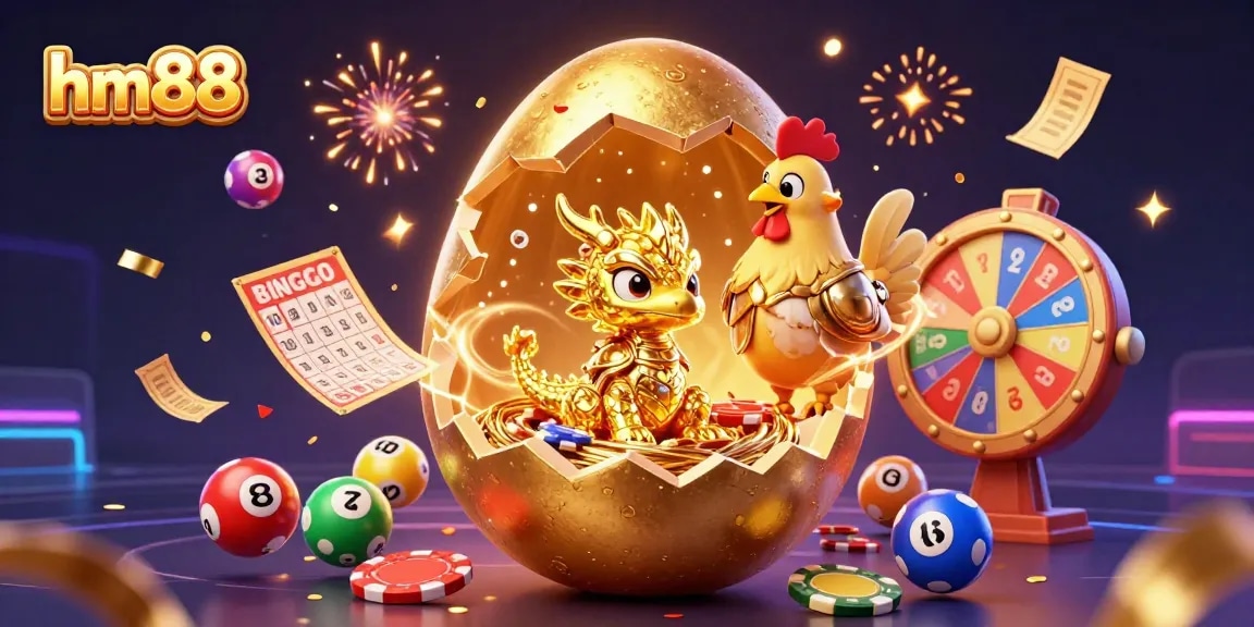 Experience exciting gaming moments on hm88 with golden dragon, poker chips, and vibrant lottery elements.